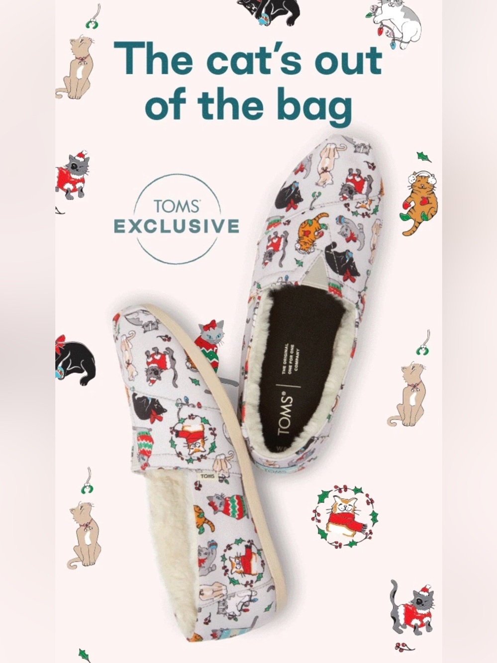 Toms White Holiday Cat-Print Cozy Slip-On Shoes Fleece Fur New NWT